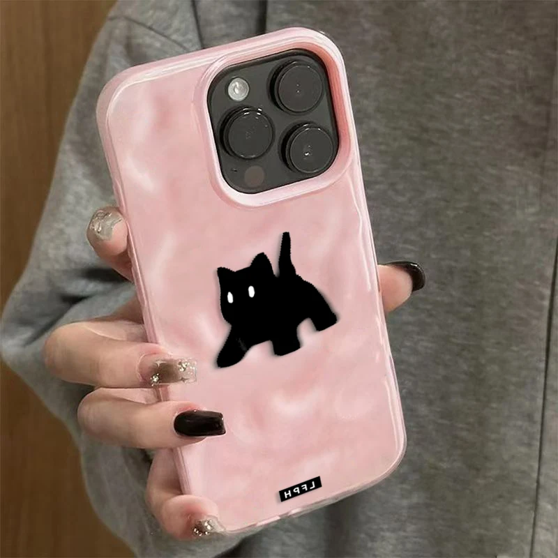Chic Black Fuzzy Cat Shockproof Phone Case - Candy Color Wave Pattern Protective Cover