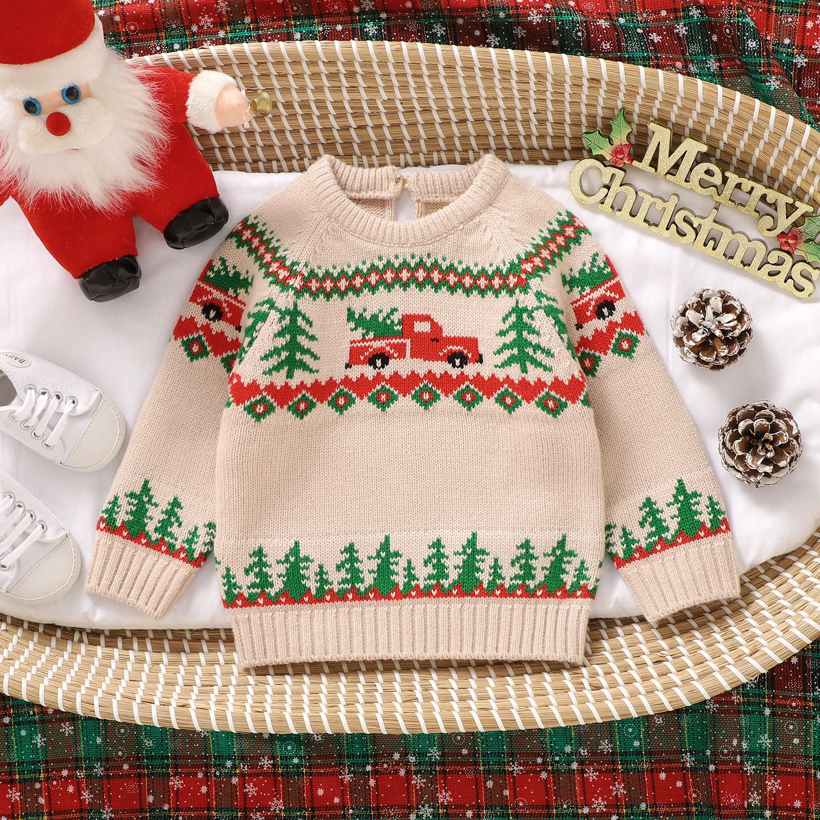 Baby Girls Sweater Christmas Cute Long Sleeve Truck Print Newborn Knit Pullovers Infant Jumper Tops
