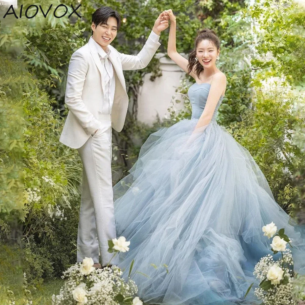 

AIOVOX Formal Dress Simple Strapless Korea Photoshoot Puffy Skirt Soft Tulle Bridal Gown Sleeveless Floor Length فساتين ط이브닝 드레스