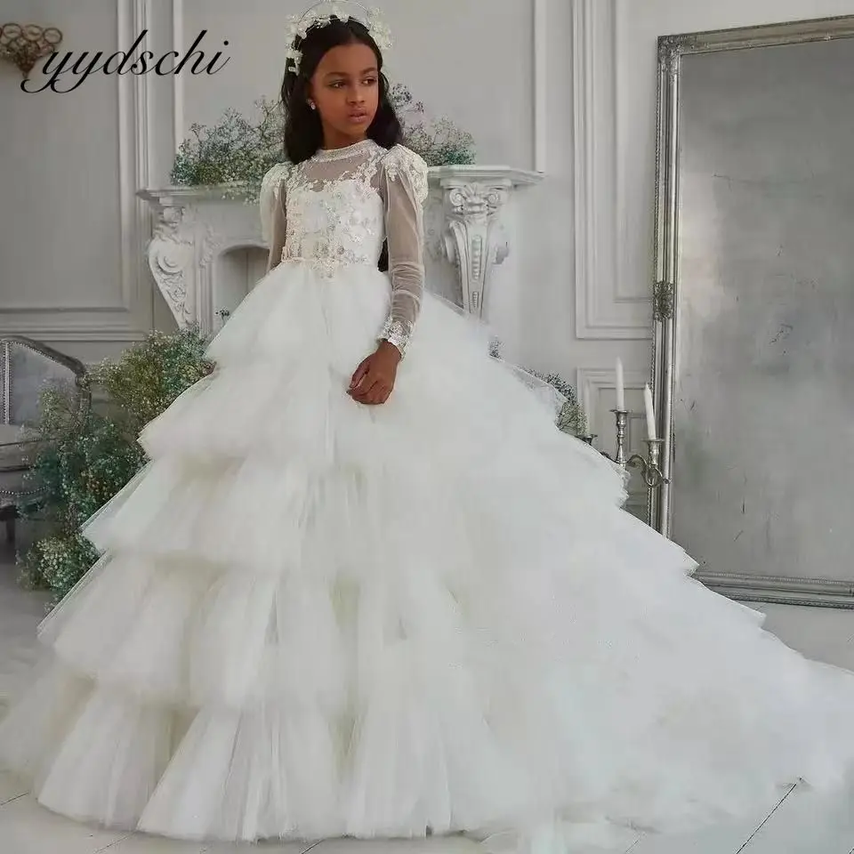 

Luxury Ivory Tiered Puffy Ball Gown Flower Girls Dress For Wedding 2023 Princess Pageant Party Long Sleeves First Communion Gown