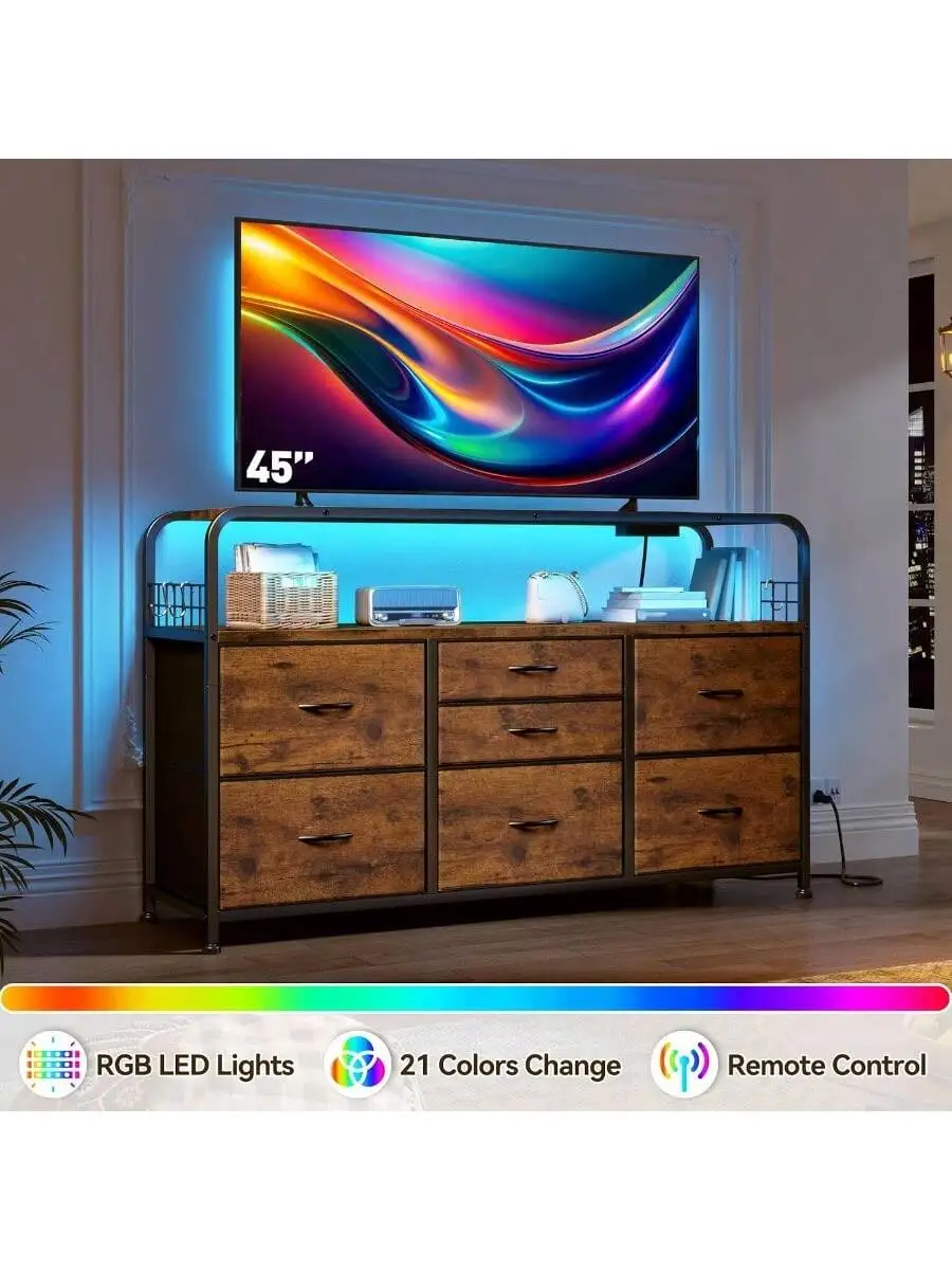 Dresser for Bedroom with LED Lights and Charging Station 7 Drawer Dresser with Open Shelf Fabric Bedroom Dressers and Ch 3