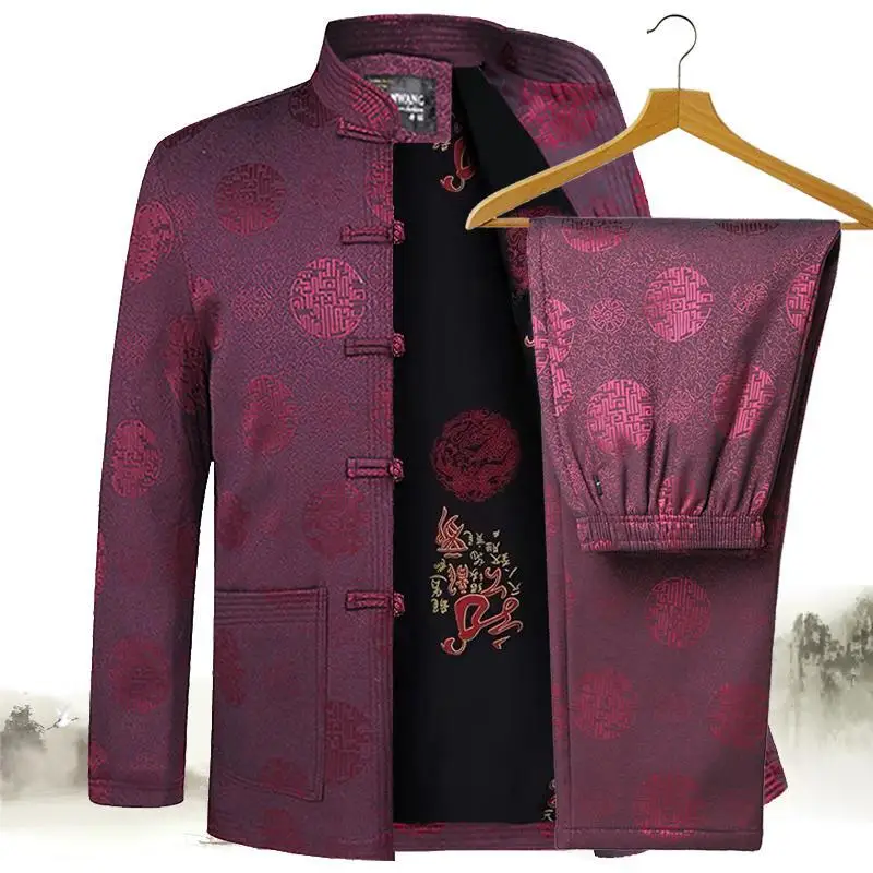 

Spring Autunm New Soild Dragon Pattern Men Long Sleeve Tang Suit Cotton Linen Male Embroidery Tai Chi Set Clothing Kung Fu