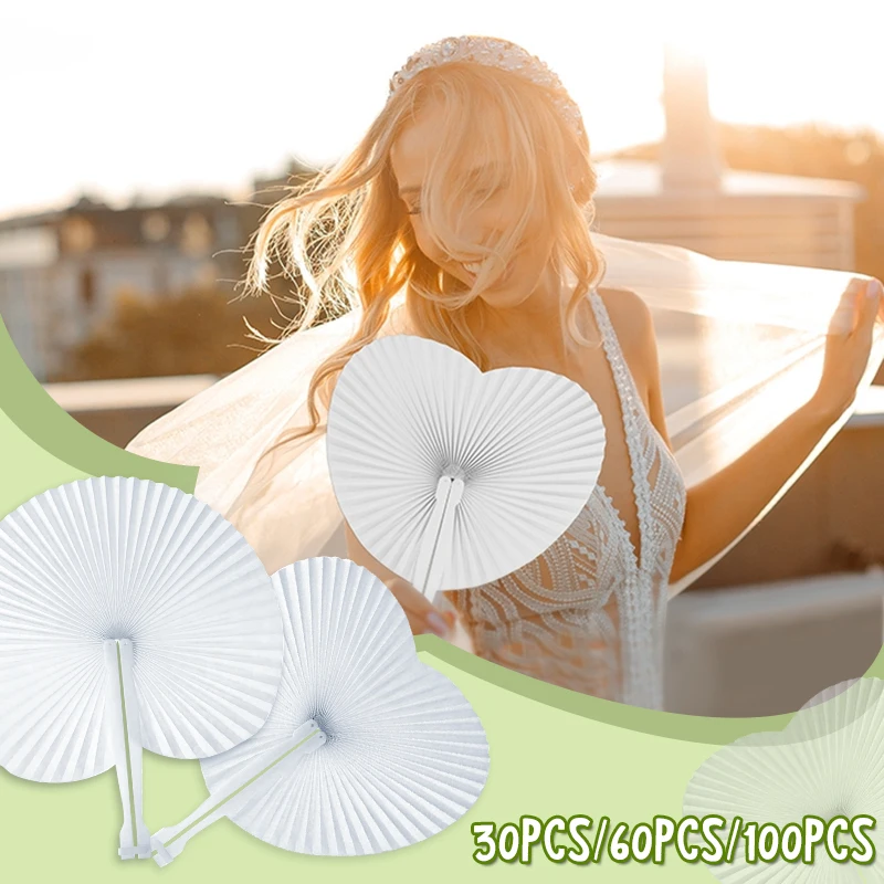 30/60pcs White Heart Shape Folding Fan Handheld DIY Round Paper Fans For  Baby Shower Birthday Wedding Party Decoration Supplies - AliExpress