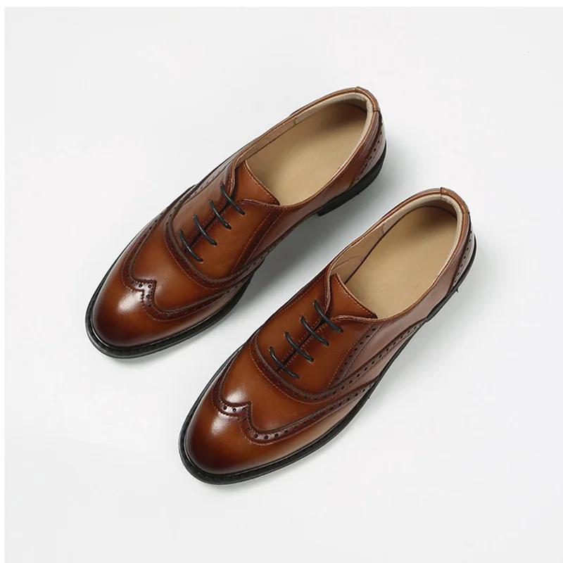 MORDOAN Oxfords Women Calfskin Genuine Leather Wingtip Lace-Up Closure Ladies Brogue Flat Derby Shoes Retro Brock women's Shoes