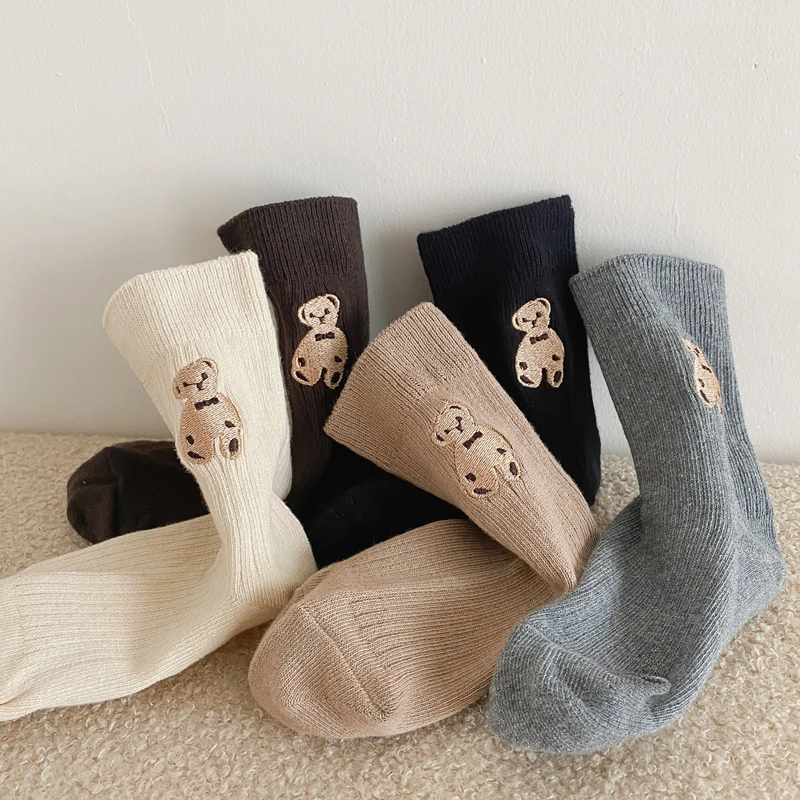 1 Pairs Cotton Kids Socks Korean Retro Style Bear Embroidery Girls Boy Toddler Knitted Socks Warmth Tube Socks For 1-9 Year - Image 3