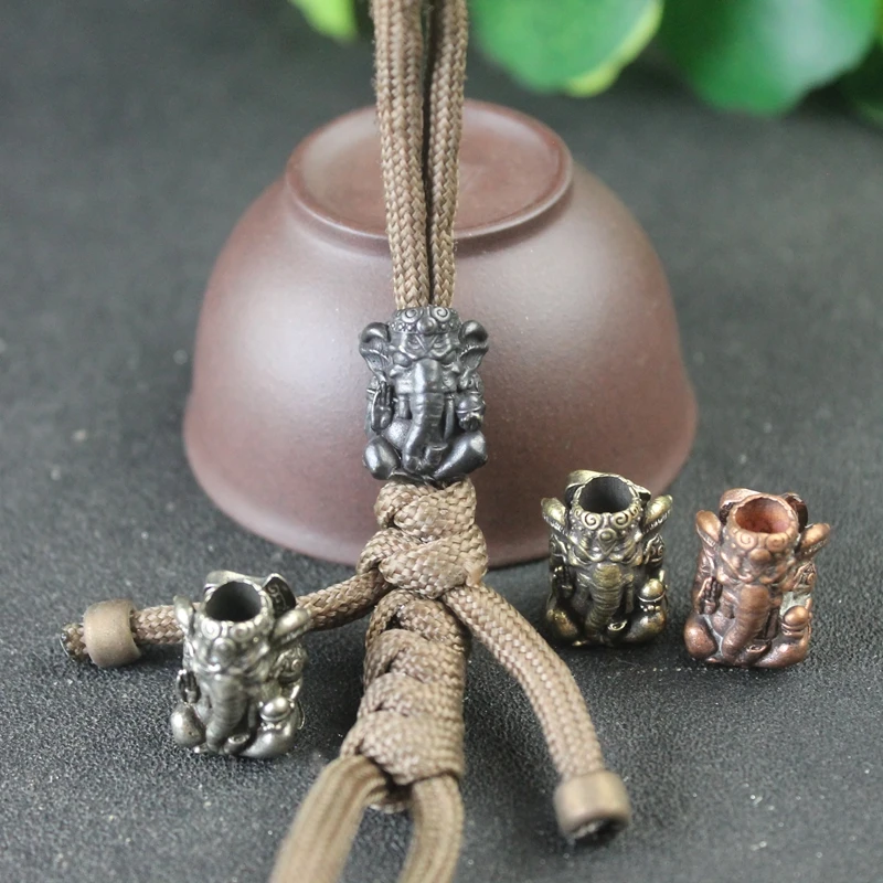 Thailand Sitting Elephant God of Wealth Brass Knife Bead EDC Outdoor DIY Woven Paracord Lanyard Charms Pendant Accessories