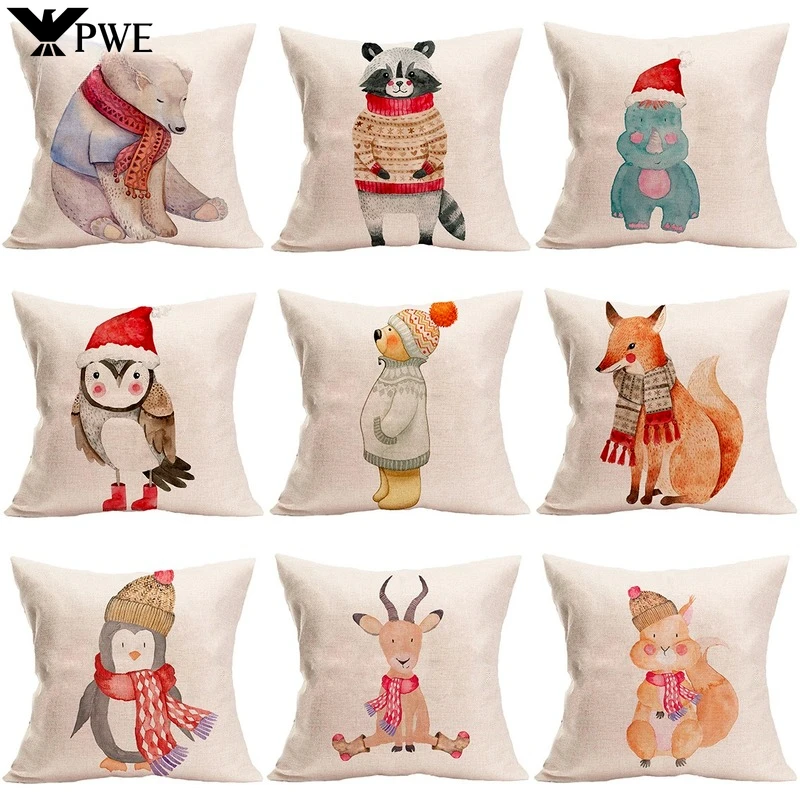 

Winter Forest Cartoon Animals Linen Pillowcase Home Living Room Sofa Car Office Cushion Cover 45*45cm