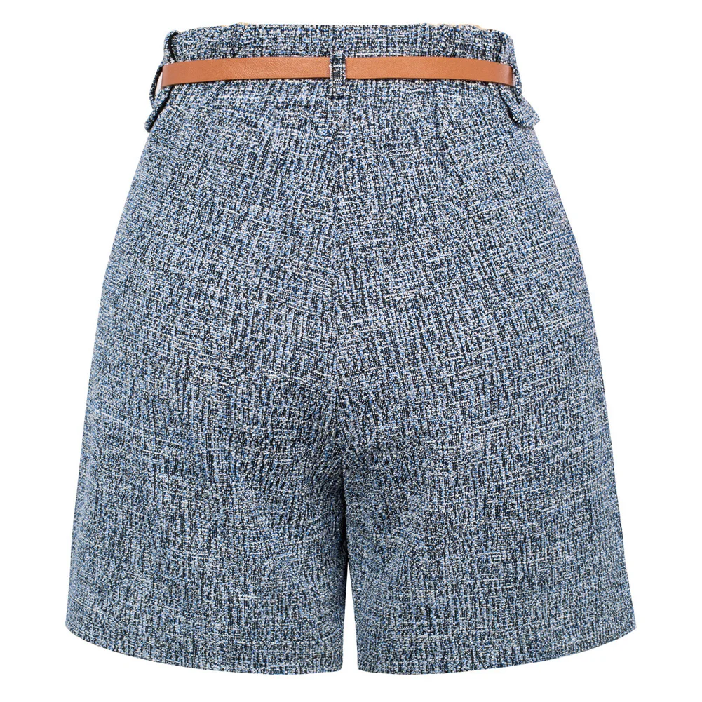 BP Women Vintage Tweed Shorts With Belt Elastic Waist Fold-up Leg Opening Shorts Wide Leg Bermuda Short Pants