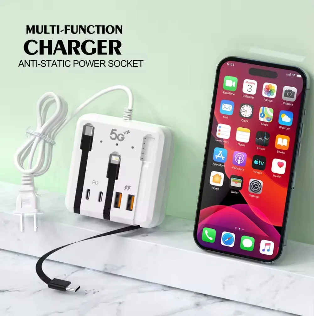 High-Speed 4-Port USB-C PD Charging Station with Integrated Power Strip and Cables