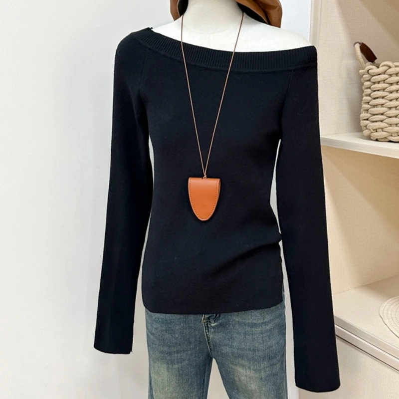 Autumn and Winter New Off Shoulder Long-sleeved Women's Knitted Sweater Fashion and Casual Solid Color Knitwear Bottom Shirt