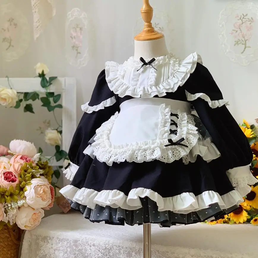 

2024 Autumn And Winter New Dress Retro Lolita Princess Ball Dress Bow Lace Stitching Birthday Party Easter Eid Dress Girl 2T-8T