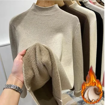 الياقة المدورة الشتاء سترة المرأة أنيقة رشاقته المخملية اصطف الدافئة Sueter بلوفر مغزول سليم القمم جيرسي تريكو البلوز جديد 4