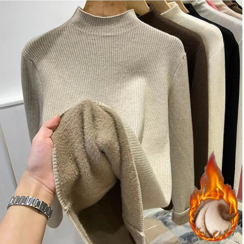 Turtleneck Winter Sweater Women Elegant Thicken Velvet Lined Warm Sueter Knitted Pullover Slim Tops Jersey Knitwear Jumper New 4