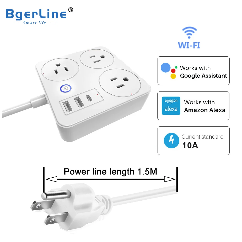 

Умная Сетевая розетка TUYA с Wi-Fi, американский стандарт, с 3 вилками и 2 USB-портами, совместима с Alexa и Google