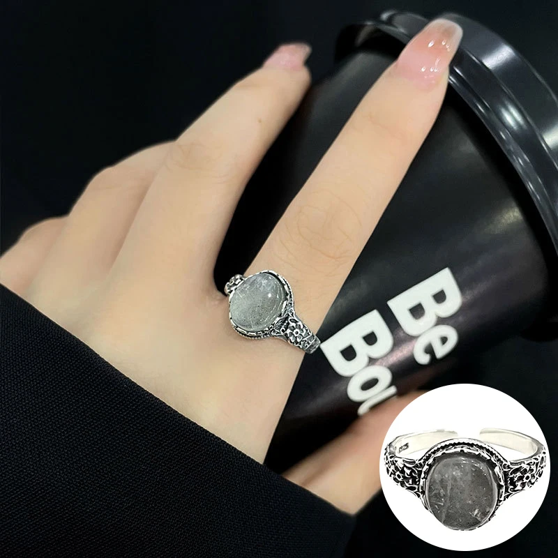 

100% 925 Sterling Silver Moonstone Geometric Open Ring for Women Girl Fashion Vintage Design Jewelry Party Gift Dropshipping