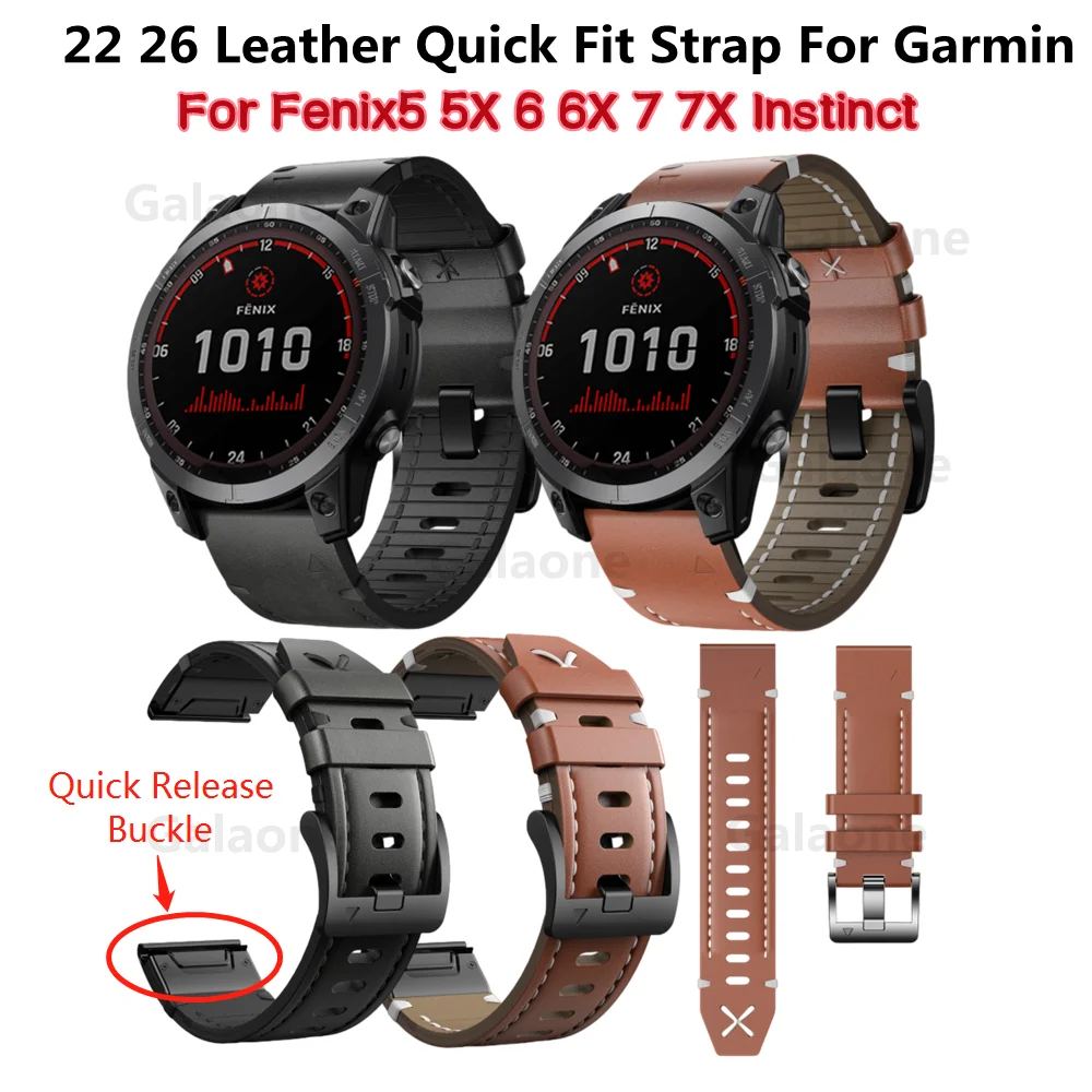 22 26mm Genuine Leather Easy Fit Strap For Garmin Fenix5/5X Plus/6/6X Pro/7/7X Instinct Watch Band Tactix Bracelet Belt