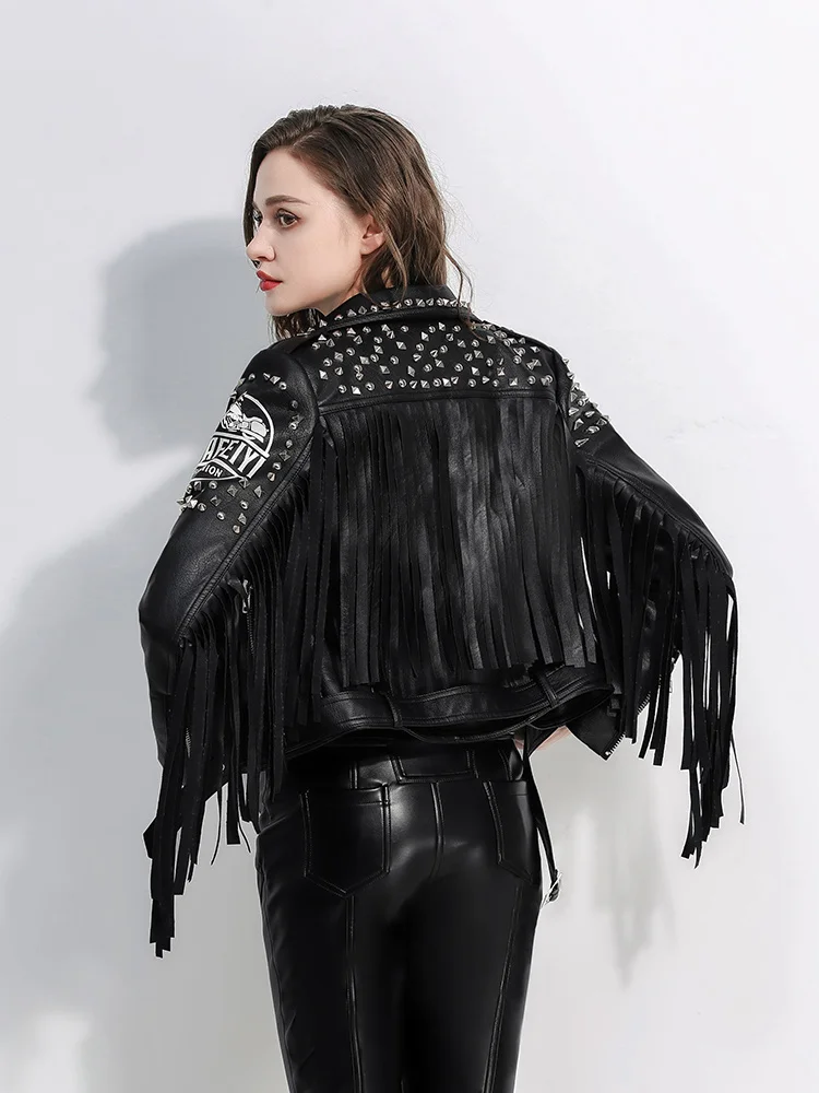 Pu Leather Rivet Tassel Jacket Women Streetwear Slim Short Zipper Punk