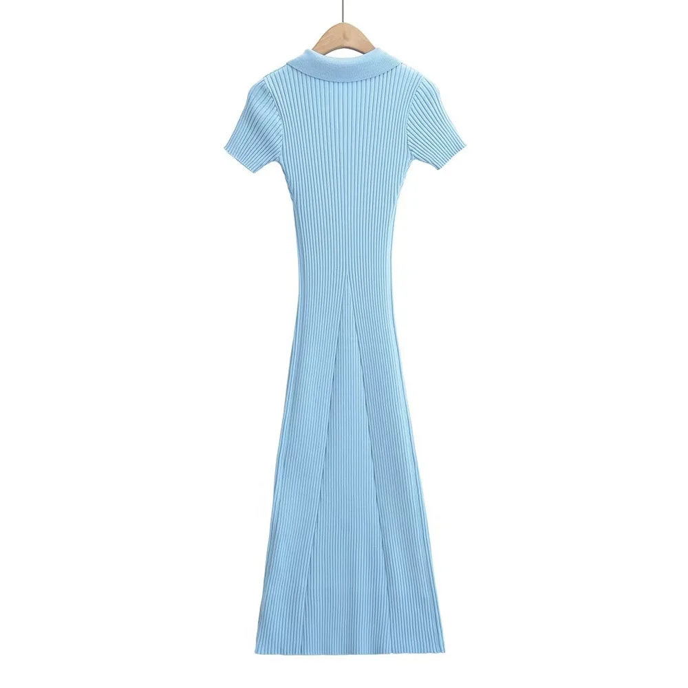 Ribbed High Waist Slim Maxi Dress For Women Knitwear Lapel Casual Elegant Party Dress Gown Fashion Short Sleeve Knit Dress