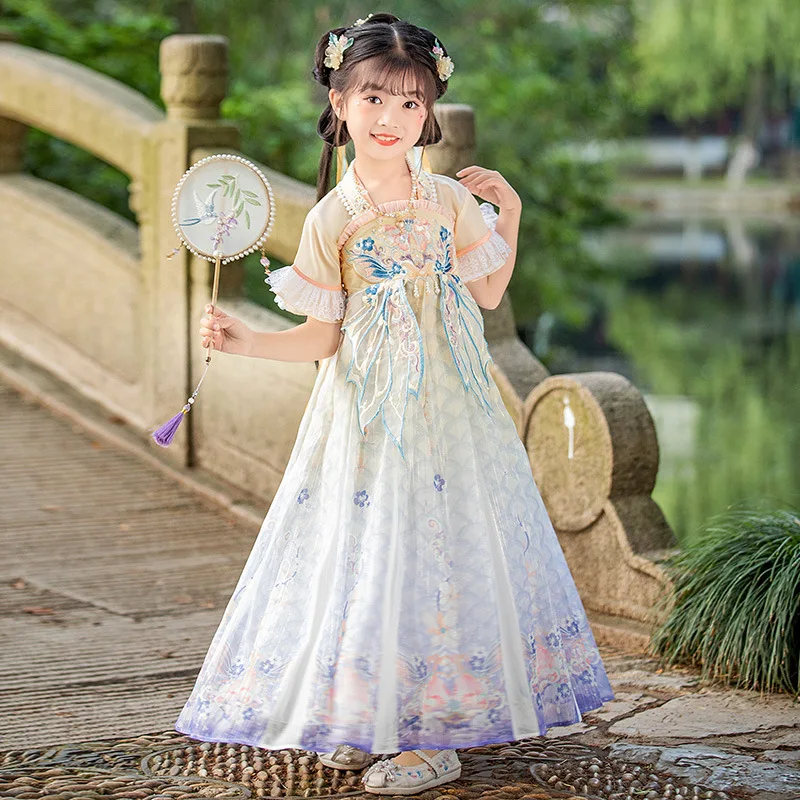 

Chinese Style Princess Fairy Short Sleeve Dress Kids Clothing Summer Tang Dynasty Costume Girl Orange Floral Embroidery Hanfu
