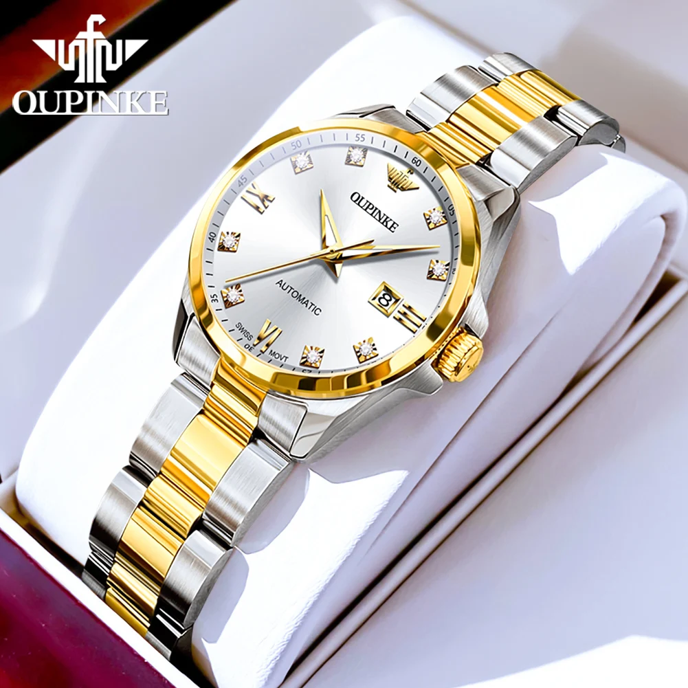 Original OUPINKE 3199 Swiss Automatic Mechanical Watch for Women Real Diamond Sapphire Mirror Ladies Watch Bracelet Set Gift NEW 2