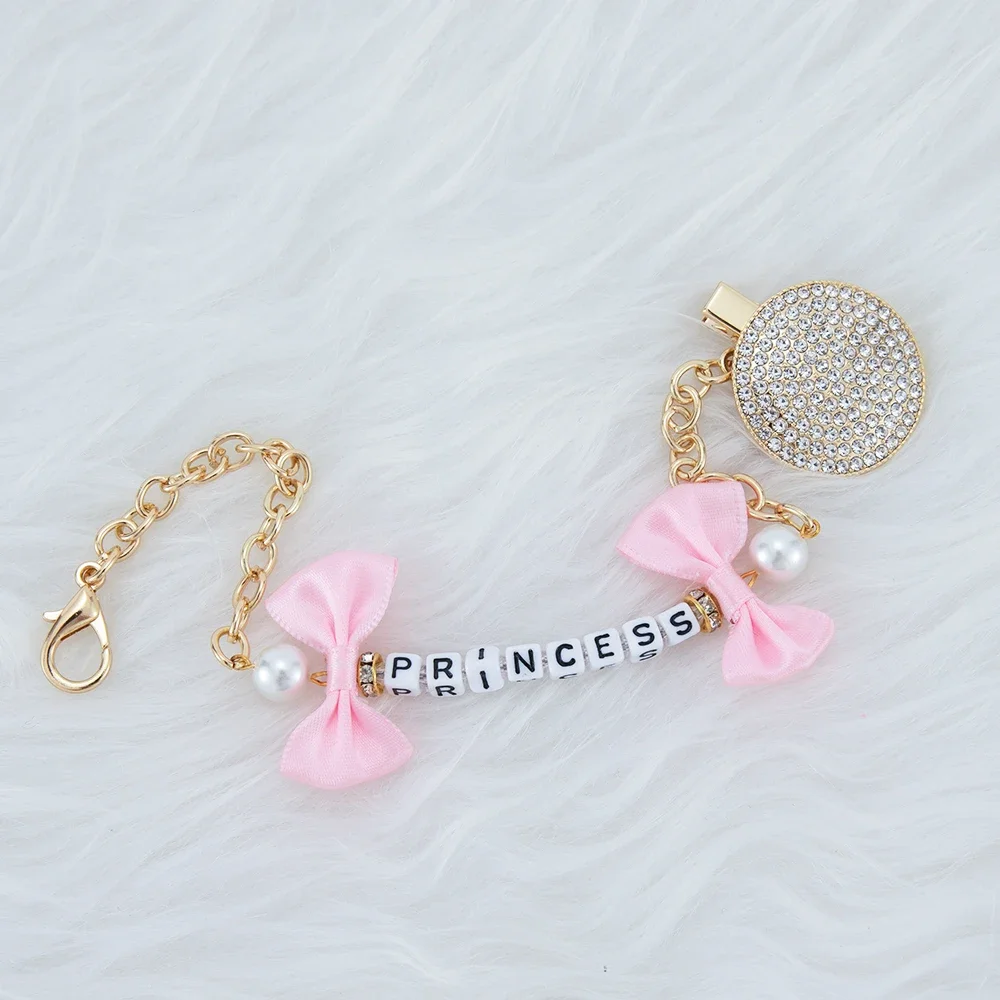 Pacifier Clip MIYOCAR any name can make bling rhinestone pink bow pacifier clip dummy clip stroller chain stroller toy set pacifier clip pacifier chain pacifier accessories teether clip