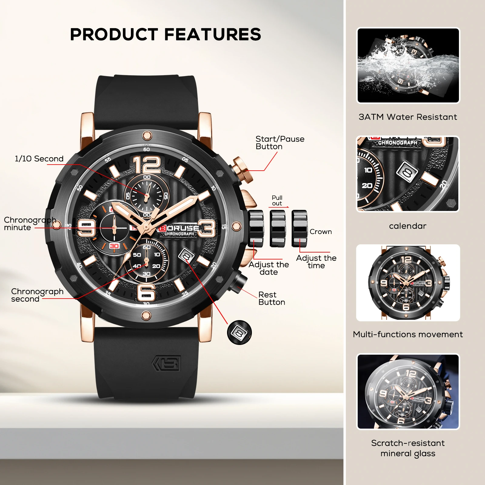 BORUSE Design Sports Men Quartz Wristwatch Luxury Bussiness Watch for Men Stainless Steel Waterproof Clock Relogios Masculino