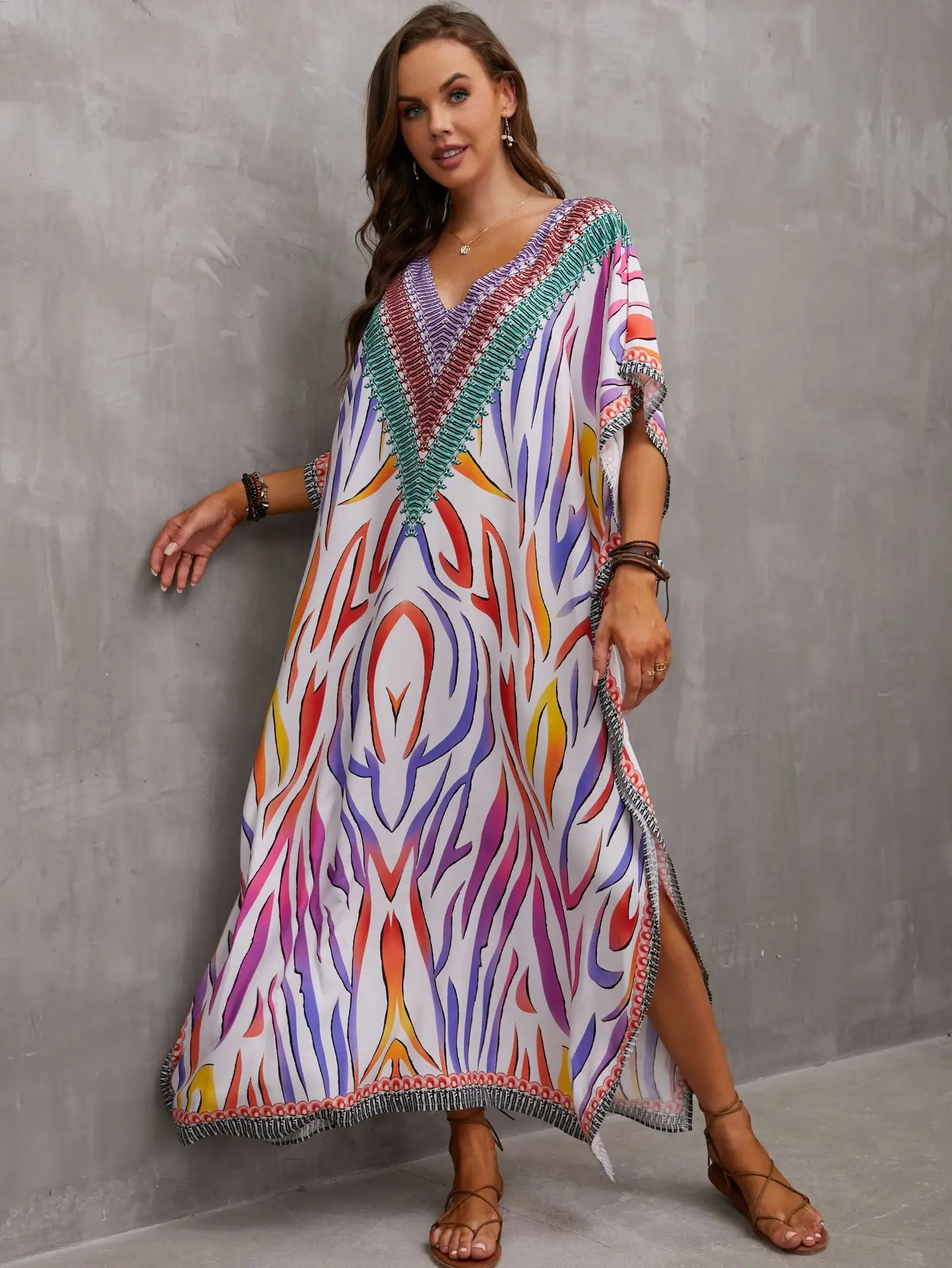 Plus Size Bathing Suit Cover Up Colorful Caftan Dress for Women Long Bikini Swimwear Beach Outfits Vestidos