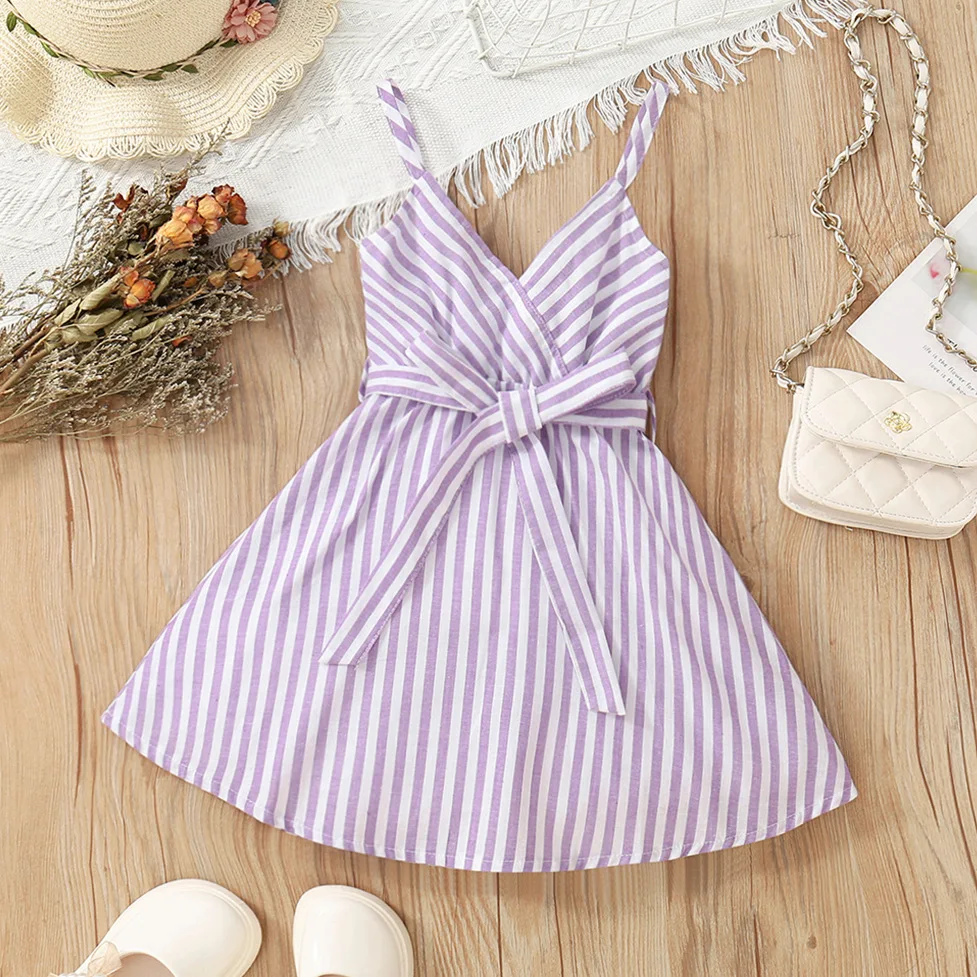 

Summer Baby Girls Ruffle Spaghetti Strap Dress Vertical Stripe Print Dress Sleeveless Sundress Toddler Cotton Lovely Outfits 4T