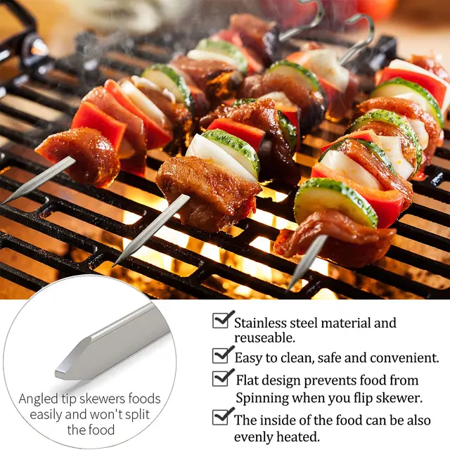 10Db Fém Kabob Nyárs, Lapos Nyárs A Grillezéshez Bbq Rozsdamentes Acél Shish Kebob, Újrafelhasználható Készlet - Image 3