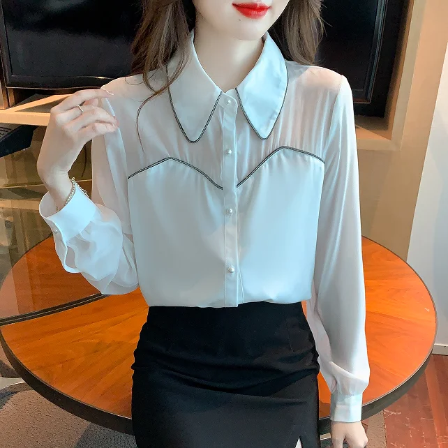 

Transparent Sleeve White Shirts Women Office Work Lady White Tops Autumn Womens Tops and Blouses