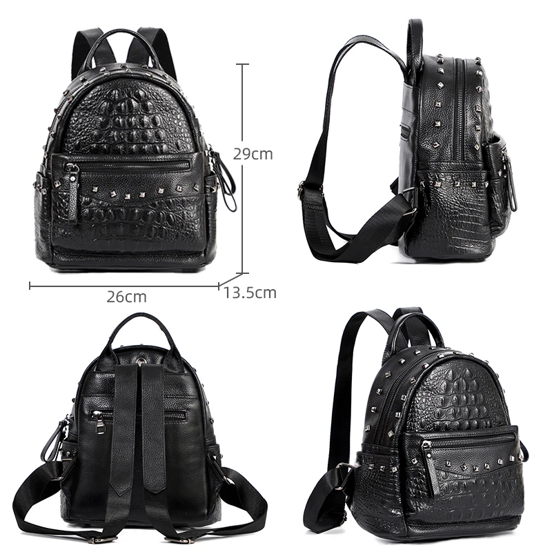 100% Real Leather Women Backpack Rivet Female Daily Crocodile Pattern School Bag for Girls Teenagers Travel Bag Leather rucksack 4