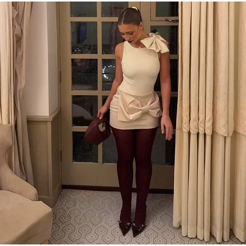 White Bow Bodysuit Mini Skirt Suit Women Slim O-neck Sleeveless Jumpsuits A-line Mini Skirts 2025 Summer New in Matching Outfit