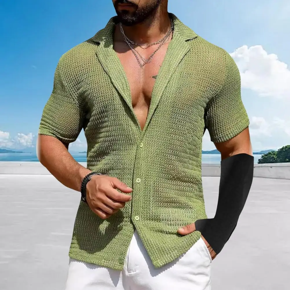 Summer Men Shirt Knitted Hollow Elastic Vintage Short Sleeves