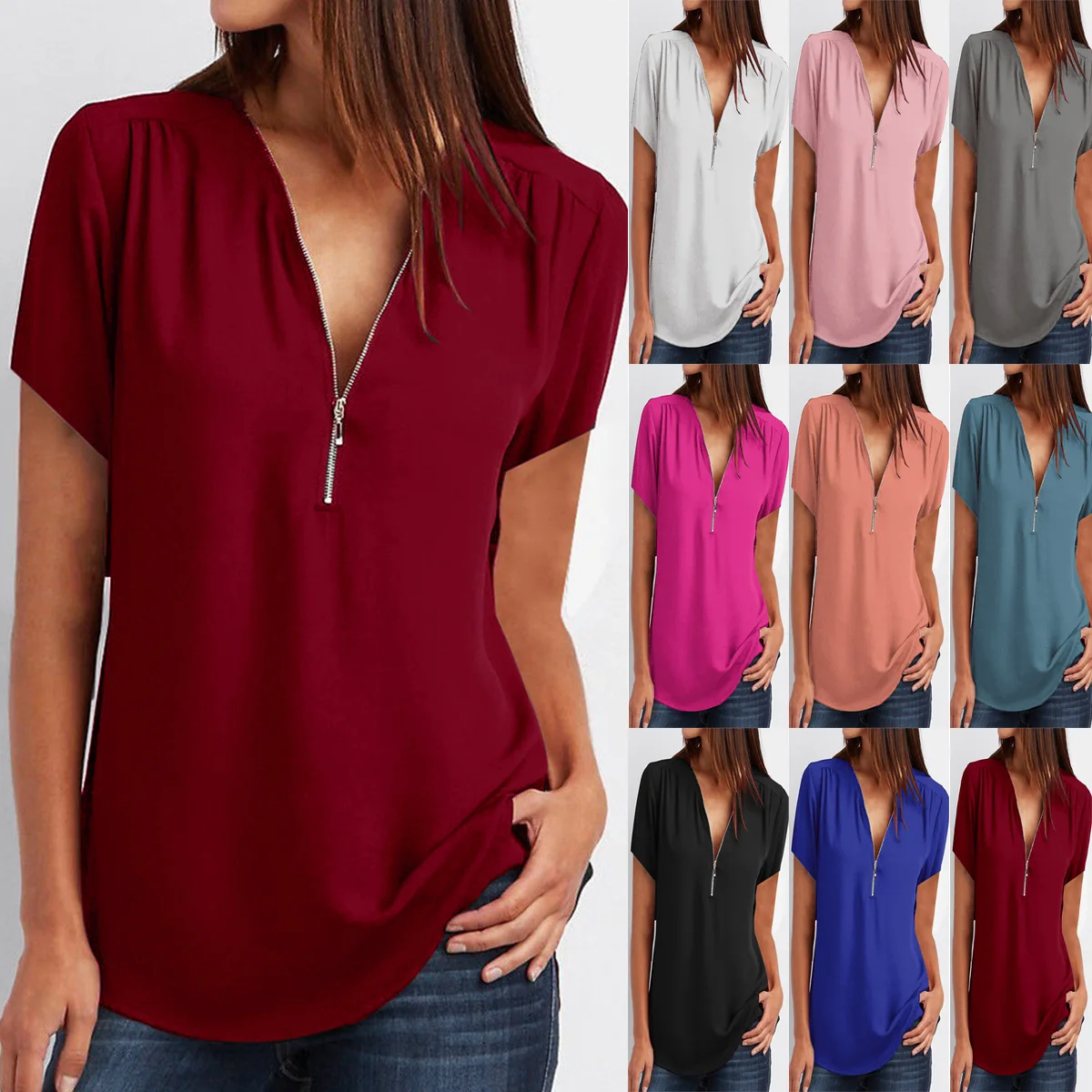 Women Chiffon V-Neck Blouse Summer Autumn Casual short Sleeve Solid Tops Loose Zipper Bluses Shirts