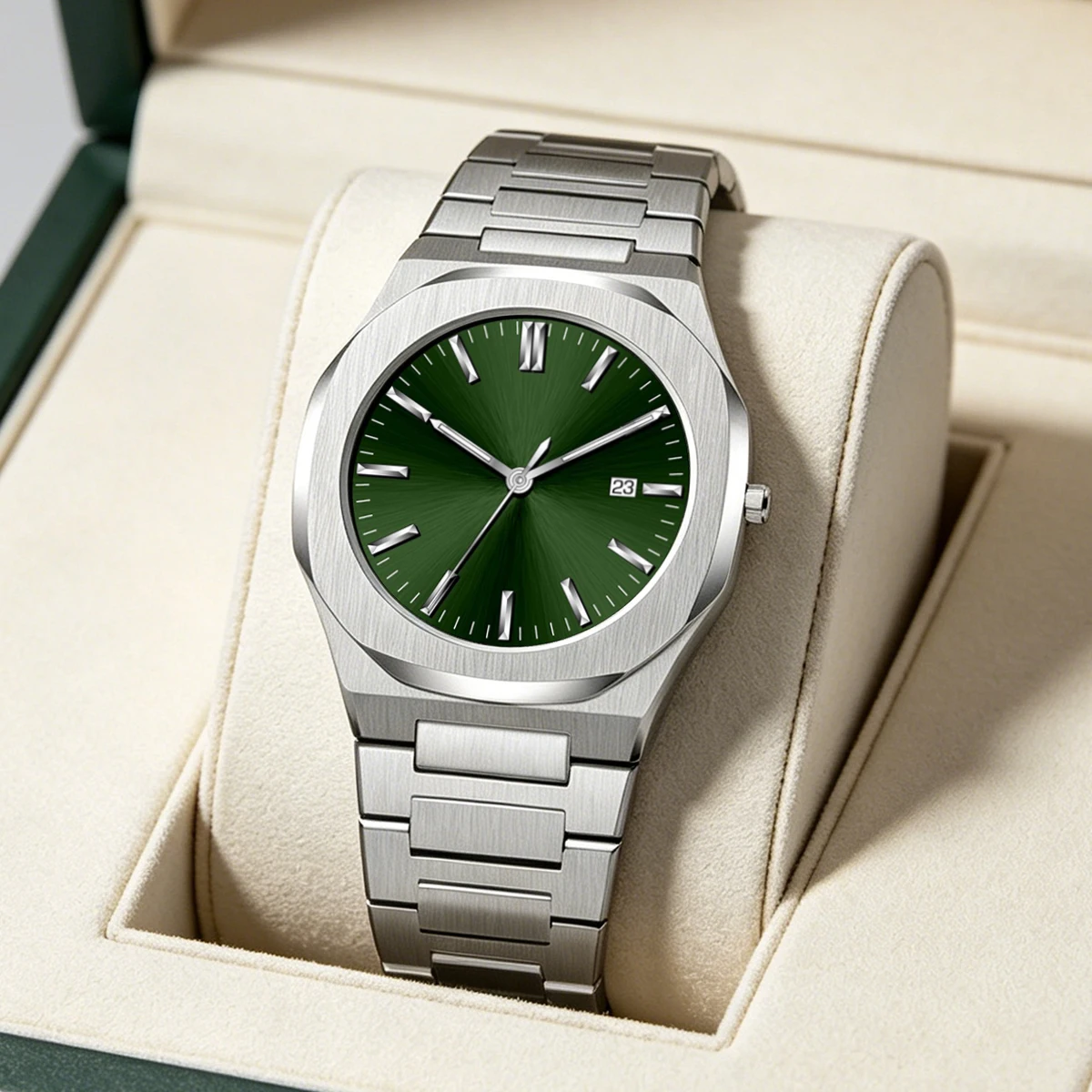 Men's Minimalist Green Sunburst Dial Quartz Watch with Silver Stainless Steel Band