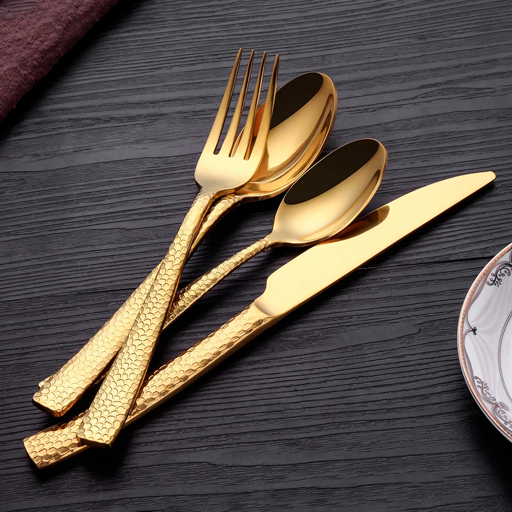 4 8 12 Pieces Stainless Steel Cutlery Set Gold Cutlery Set with Hammered Handle Mirror Polishedd Party Home Gift Service 1/2/3 stainless steel spoon stainless steel fork