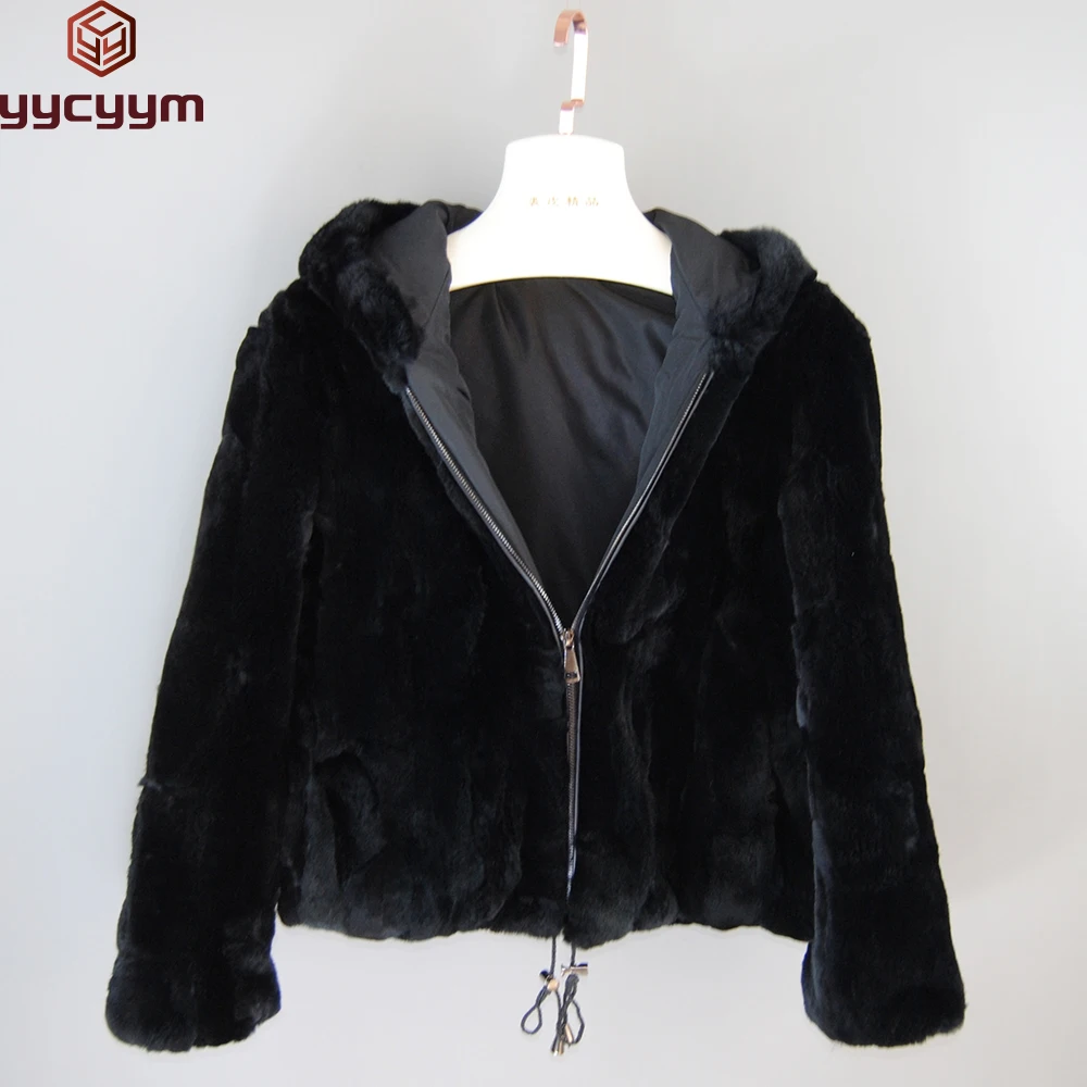 

2023 Women Natural Rex Rabbit Fur Hood Overcoat Winter Thick Real Fur Hooded Coat Lady Warm Quality Real Rex Rabbit Fur Jackets