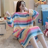 Winter Warm Pajamas Coral Fleece Long Sleeve Dresses Midi Length Cartoon Student Flannel Home Nightdress Striped Thickened Pajam - Image 6