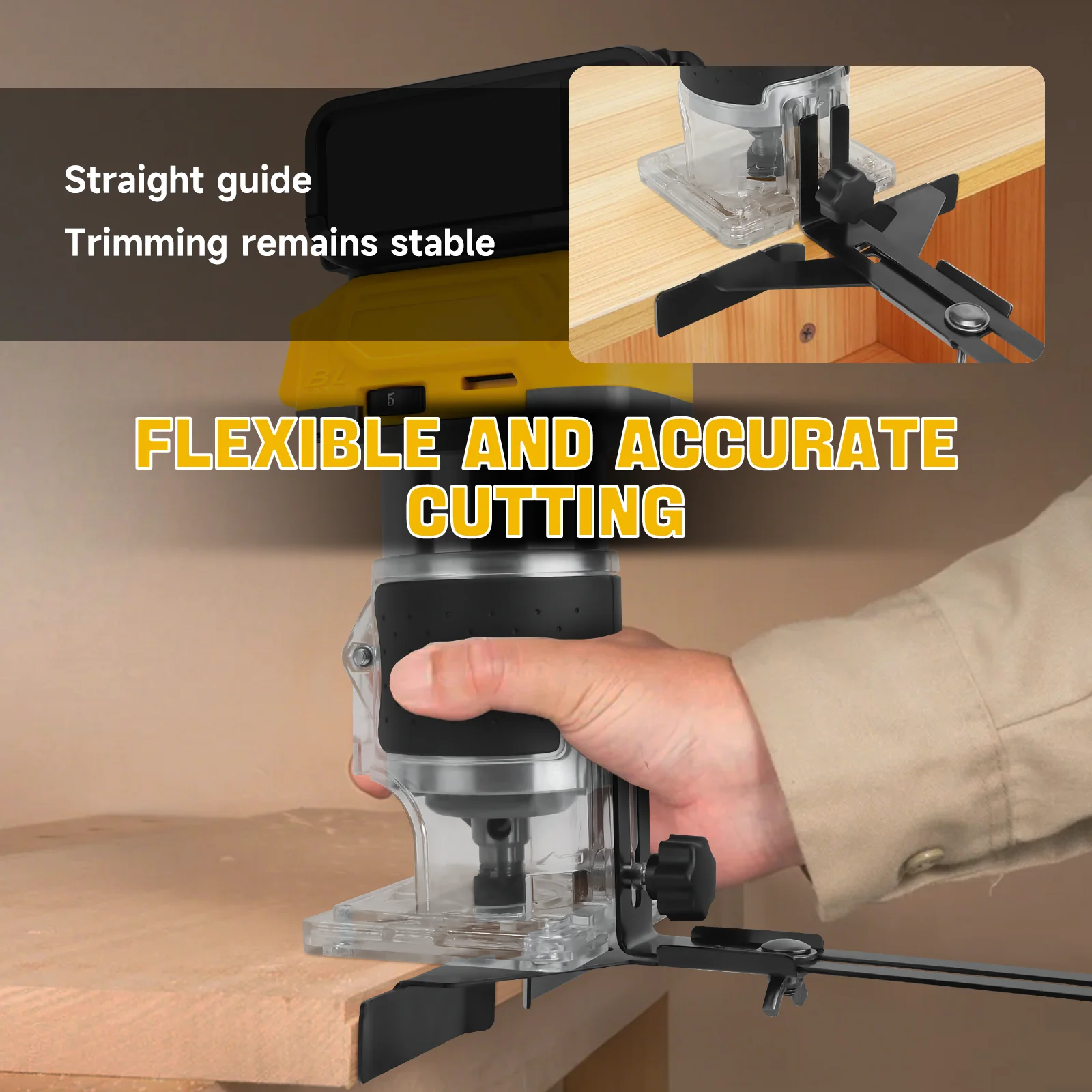 800W Brushless Electric Trimmer Woodworking Trimming Machine 5 Variable Speeds Wood Router for Dewalt 20V Battery (No Battery)