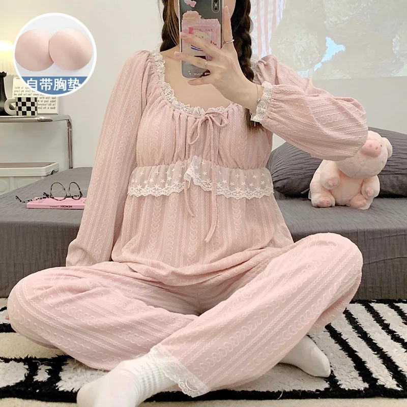 

Ins Sweet Ensemble Femme 2 Pièces 2023 New Loungewear Women Pajama Sets Long Sleeve Chest Pad Cotton Sleepwear Pijama Suit