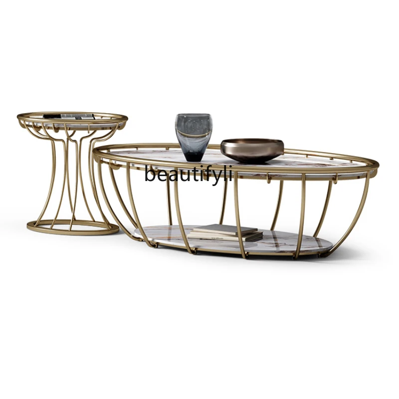 

yj Light Luxury Coffee Table Villa Living Room Home Oval Stainless Steel Designer Model Coffee Table Modern Minimalist