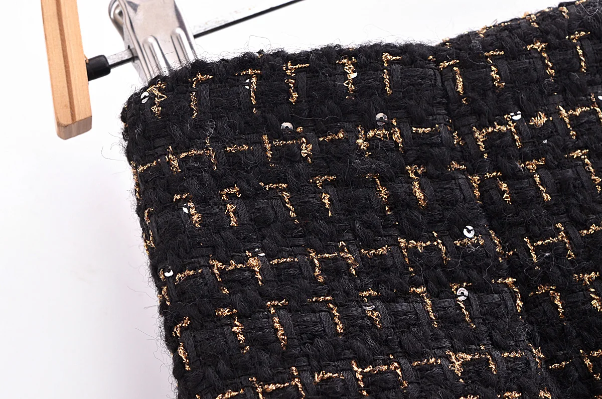 French Retro Women Black Weave Gold Line Tweed Blazer High Waist Center Buttons Back Zipper Mini Skirt Set Suits 2 pieces 1 set