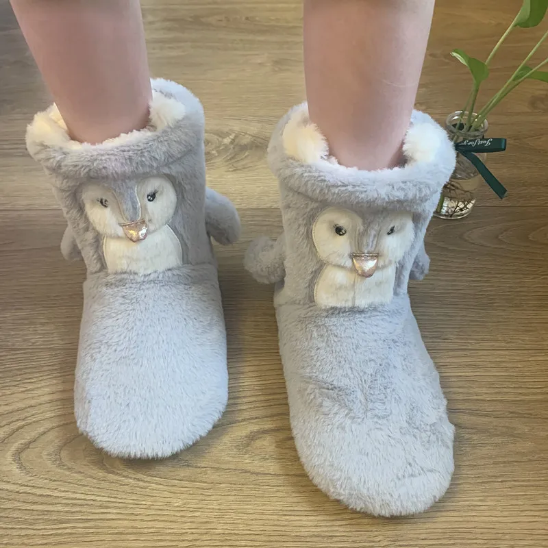 House Slipper Fur Female Women Shoes Flat Contton Plush Anti Skid Grip Indoor Fluffy 3d Penguin Home Boots