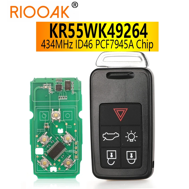 5 Button 434Mhz ID46 Chip Remote Car Key Smart Car Key Fob KR55WK49264 for Volvo XC60 S60 S60L V40 V60 S80 XC70