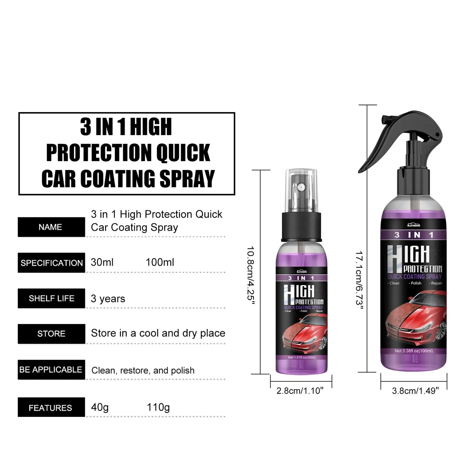 3 In 1 Quick Coating Spray High Protection Car Coating Waterless Car Wash Ceramic Spray Quick