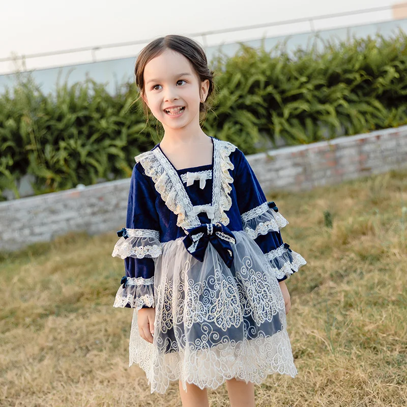 Autumn Velvet Lace Fluffy Skirt Stage Party Lolita Skirt Bow Tie Lolita Girls Dress