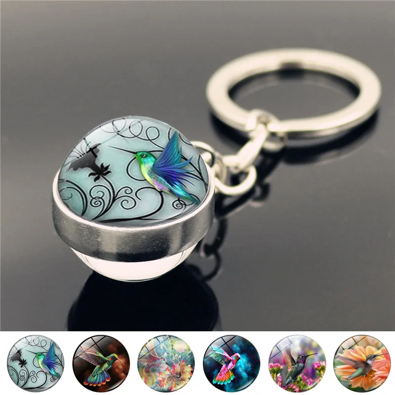 Popular Jewelry Glass Pendant Keychain Hummingbird Pattern Doublesided
