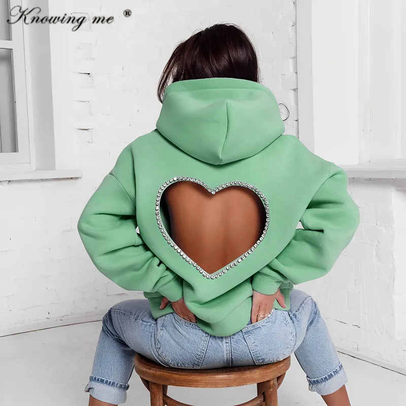

Women Diamonds Hearts sweatshirt Autumn Long sleeve hooded pullover top Lady sexy Back hollow out Hoodie Street wear