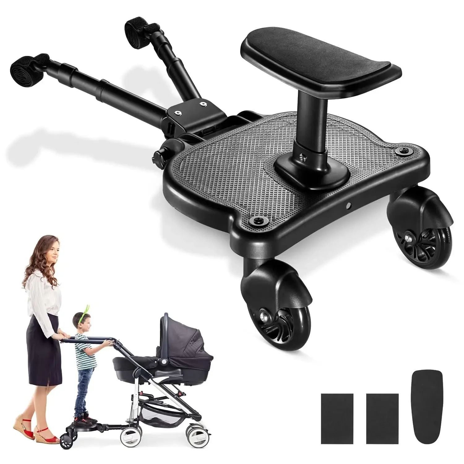 Buggy Board with Seat, Standing Board, Toddlers Stroller Board Kiddy Board Stable Two Wheels Design with Chair, Standing Shelf Fits Any Stroller (2in1