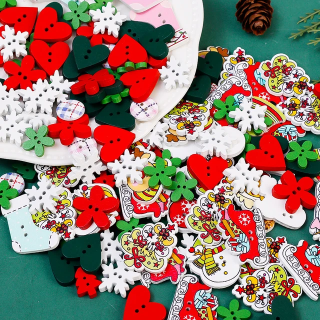 50PCS Christmas Wooden Buttons Cute Sewing Buttons Colorful Art